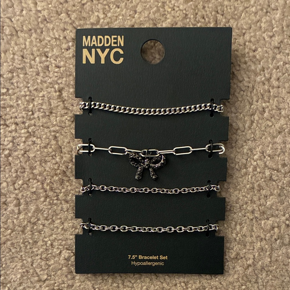Madden NYC Silver Tone Multi-Chain & Bow Charm Bracelet Set - Total Of Four